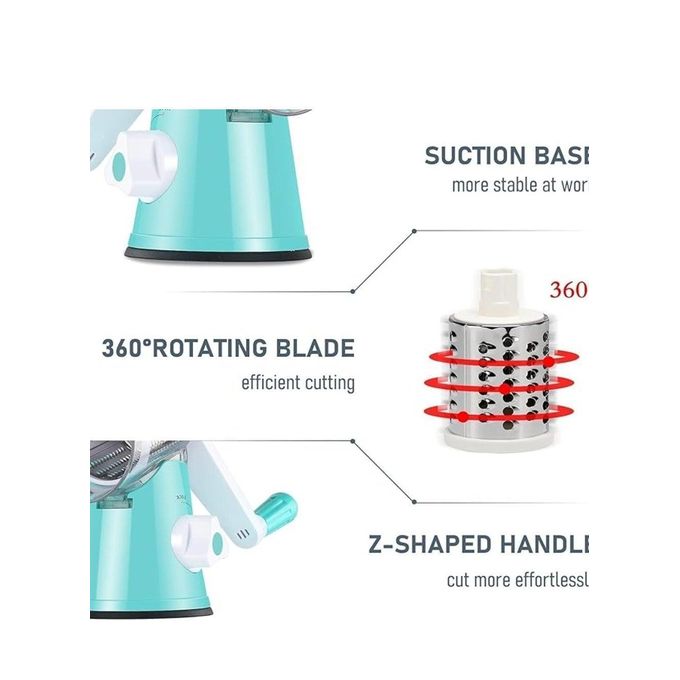 قطاعة الخضار والفواكه اليدوية الدوارة مع مبشرة للجبن والخضروات ومقشرة من الفولاذ المقاوم للصدأ (أزرق) - الصورة 2