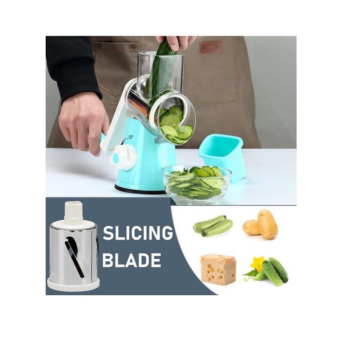 قطاعة الخضار والفواكه اليدوية الدوارة مع مبشرة للجبن والخضروات ومقشرة من الفولاذ المقاوم للصدأ (أزرق) - الصورة 4