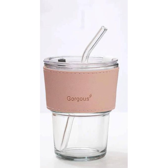 كوب زجاجي مع غلاف جلدي وردي وغطاء - كوب شفاف أنيق للقهوة والشاي والعصائر مع مصاصة زجاجية - الصورة 2
