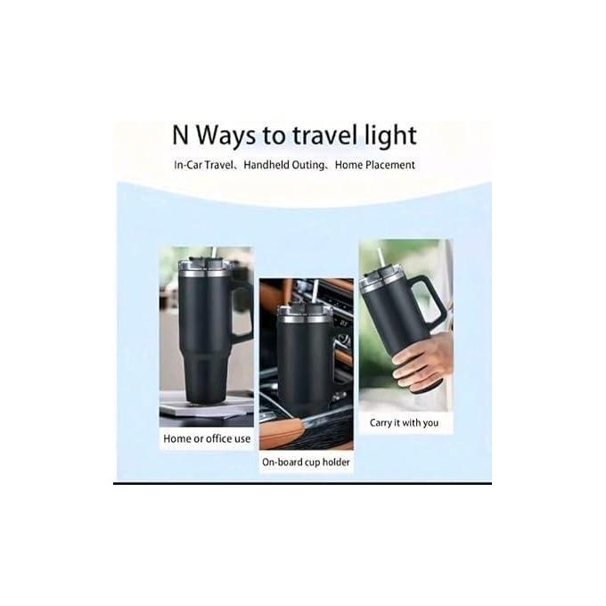 كوب سفر معزول أسود بسعة 1200 مل بغطاء وماصة – كأس استانلس ستيل للحار والبارد للسفر والمكتب - الصورة 2
