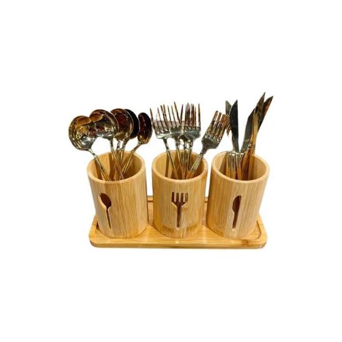 طقم حامل أدوات مائدة من الخيزران (3 حوامل + صينية) لتخزين الشوك والملاعق والسكاكين – تصميم عصري أنيق - الصورة 2