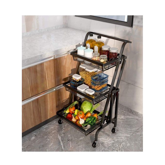 حامل منظم للمطبخ متعدد الأغراض قابل للطي بزاوية 180 درجة، وسلال قابلة للإزالة للفواكه والخضروات، وحامل منظم لحاويات التوابل مع عجلات، 3 طبقات و4 عجلات لسهولة الحركة - الصورة 3