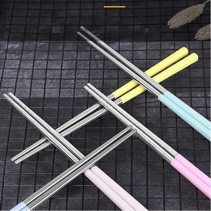 عيدان طعام مزدوجة ستانلس ستيل قابلة لاعادة الاستخدام خفيفة الوزن ومقاومة للانزلاق امنة للغسيل في غسالة الاطباق، ادوات مائدة (5 قطع من عيدان مزدوجة قمحية بالوان متعددة) - الصورة 2