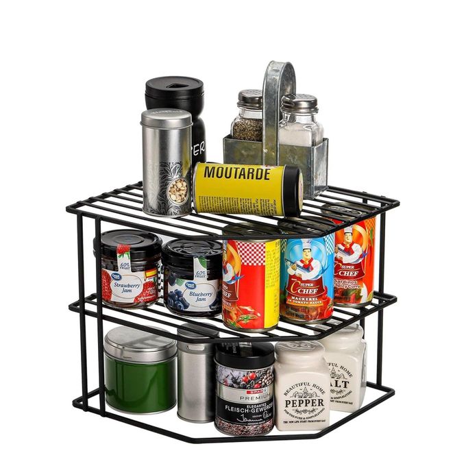 رف أطباق زاوية ثلاثي الطبقات، فكرة لتخزين وتنظيم المطبخ، منظم خزانة مصنوع من الحديد ومطلي بطلاء مقاوم للصدأ (أسود) - الصورة 2
