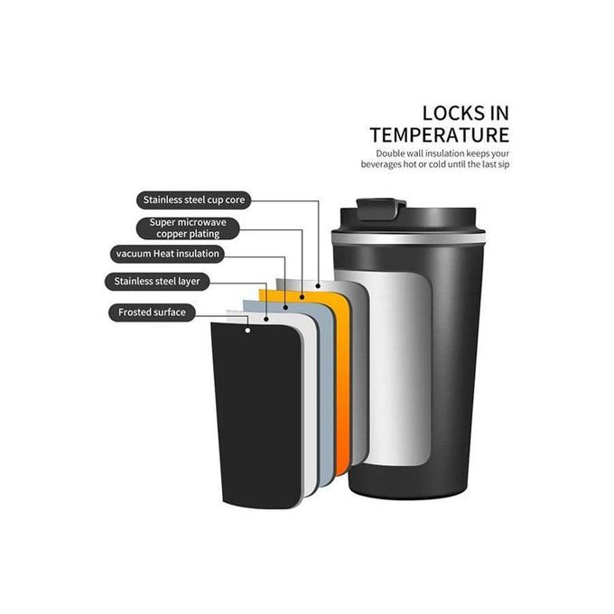 ترمس سفر مزدوج الجدار من الفولاذ المقاوم للصدأ، كوب قهوة قابل لإعادة الاستخدام وصديق للبيئة، أسود 510 مل - الصورة 2