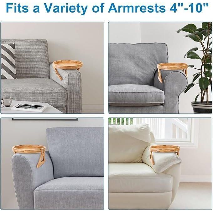 صينية تقديم دائرية خشبية قابلة للطي - تصميم أنيق من الخشب الطبيعي لذراع الأريكة أو الطاولة - صينية وجبات خفيفة ومشروبات متعددة الاستخدامات، محمولة وتوفير للمساحة لغرفة المعيشة والمطبخ - الصورة 3