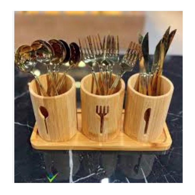 طقم حامل أدوات مائدة من الخيزران (3 حوامل + صينية) لتخزين الشوك والملاعق والسكاكين – تصميم عصري أنيق - الصورة 3