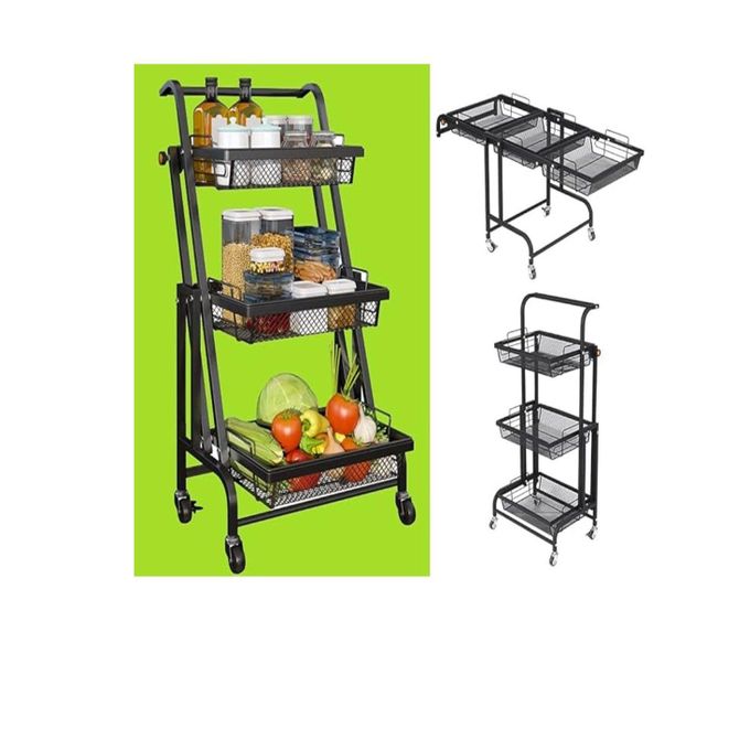 حامل منظم للمطبخ متعدد الأغراض قابل للطي بزاوية 180 درجة، وسلال قابلة للإزالة للفواكه والخضروات، وحامل منظم لحاويات التوابل مع عجلات، 3 طبقات و4 عجلات لسهولة الحركة - الصورة 2