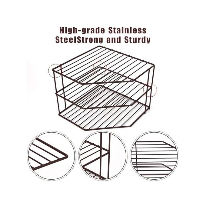 رف أطباق زاوية ثلاثي الطبقات، فكرة لتخزين وتنظيم المطبخ، منظم خزانة مصنوع من الحديد ومطلي بطلاء مقاوم للصدأ (أسود) - الصورة 3