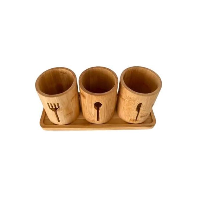 طقم حامل أدوات مائدة من الخيزران (3 حوامل + صينية) لتخزين الشوك والملاعق والسكاكين – تصميم عصري أنيق - الصورة 4