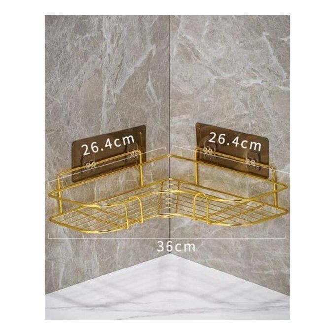 رف حمام زاوية - معدن مع ملصق لاصق - مقاوم للصدأ - تصميم سلة لتصريف المياه - لتنظيم الشامبو والإكسسوارات - طلاء عالي الجودة (دهبي) - الصورة 5